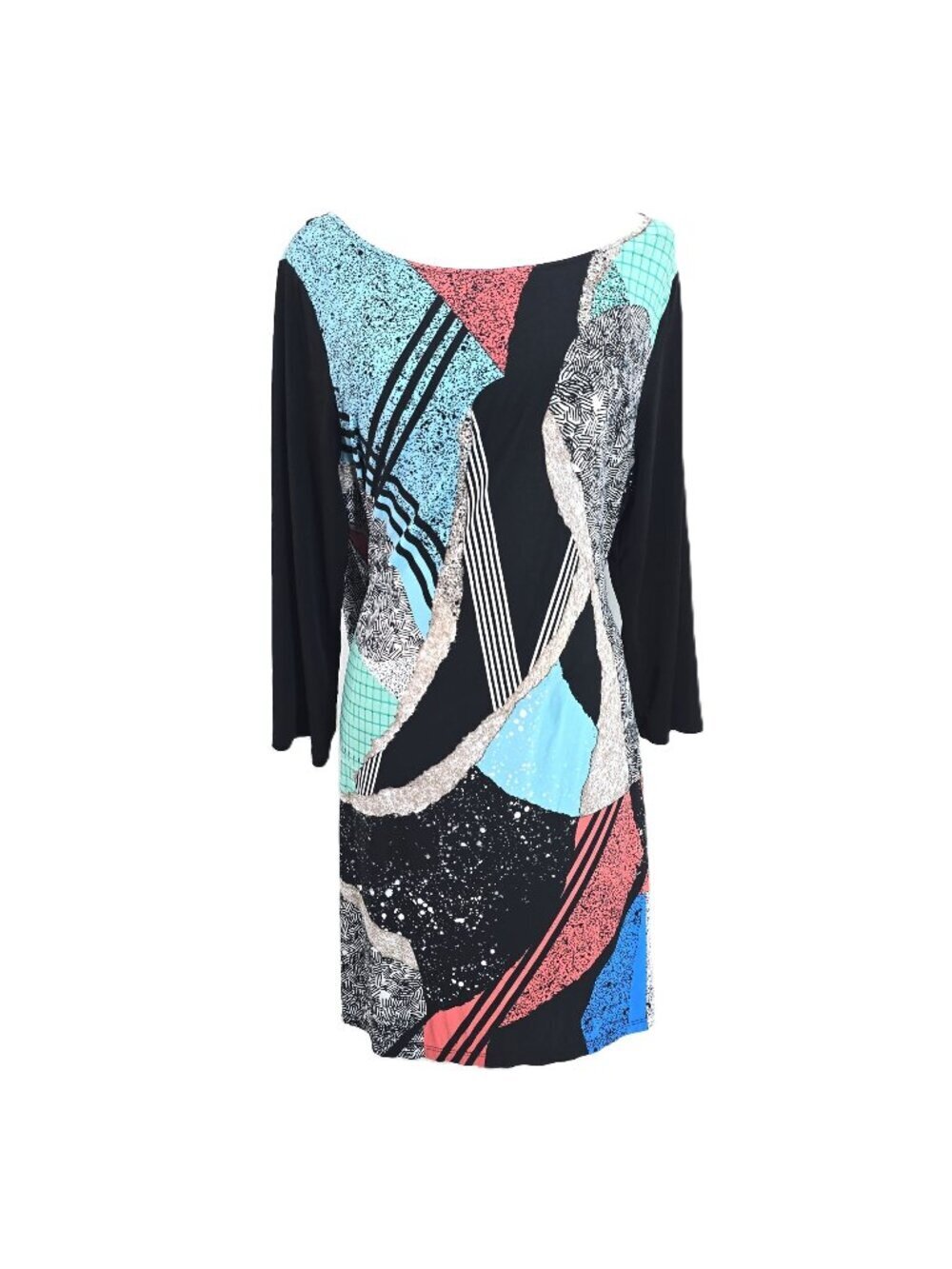 Style & Co, Black Teal Geometric Boatneckline Slinky Shift Dress Women Size 1X